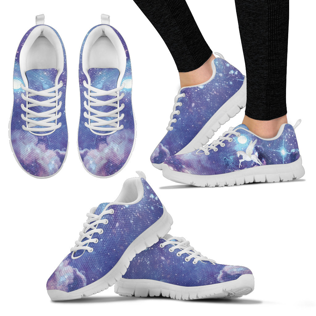 White Fantastic Unicorn Flying In Galaxy Cool Dark Sneakers – Vota Color