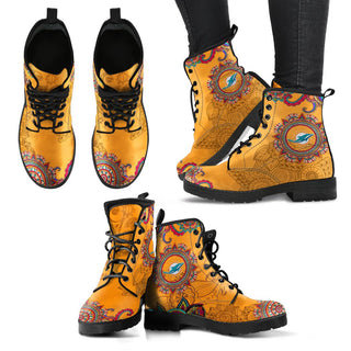 Golden Boho Flower Miami Dolphins Leather Boots