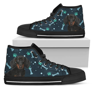 Bone Heart Pattern Dachshund Dog Navy High Top Shoes