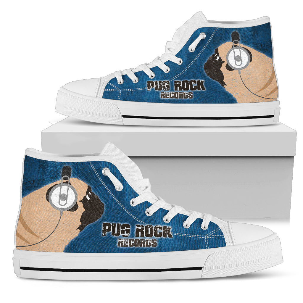 Funny Pug Dog High Top Shoes Pug Rock Records Blue