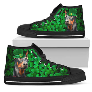 Irish Doberman Wearing Green Hat With Shamrock Pattern High Top Shoes