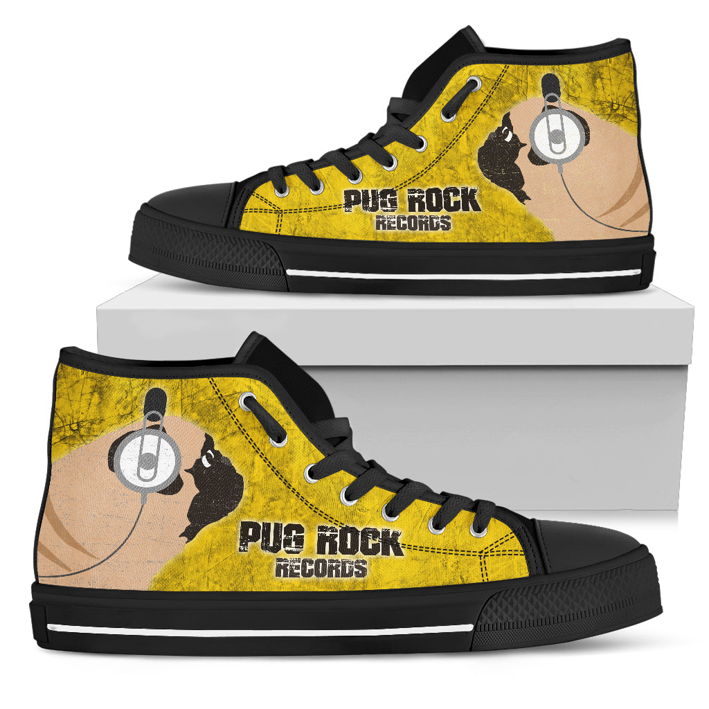Funny Pug Dog High Top Shoes Pug Rock Records Yellow