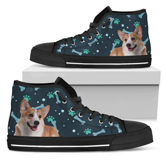 Bone Heart Pattern Corgi Dog Navy High Top Shoes