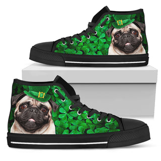 Irish Pug Wearing Green Hat With Shamrock Pattern High Top Shoes