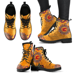 Golden Boho Flower Calgary Flames Leather Boots