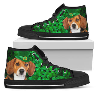 Irish Beagle Wearing Green Hat With Shamrock Pattern High Top Shoes