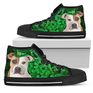 Irish Pitbull Wearing Green Hat With Shamrock Pattern High Top Shoes