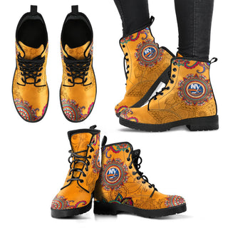 Golden Boho Flower New York Islanders Leather Boots