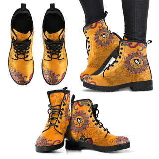 Golden Boho Flower Pittsburgh Penguins Leather Boots