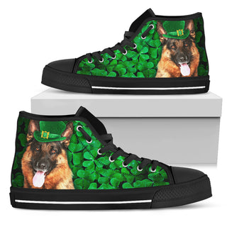 Irish German Shepherd Wearing Green Hat With Shamrock Pattern High Top Shoes