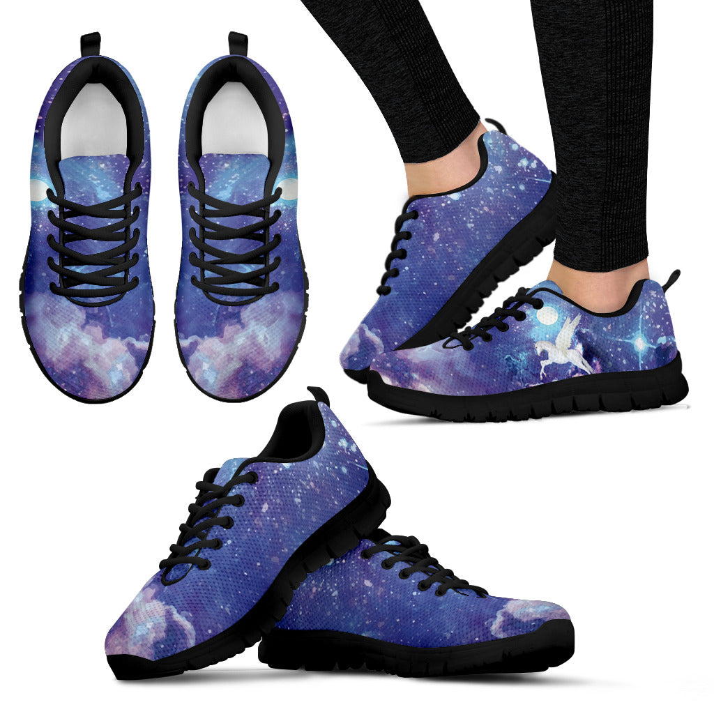 White Fantastic Unicorn Flying In Galaxy Cool Dark Sneakers – Vota Color