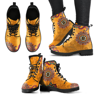 Golden Boho Flower Boston Bruins Leather Boots
