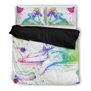Husky Watercolor White Background Bedding Sets