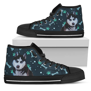 Bone Heart Pattern Husky Dog Navy High Top Shoes