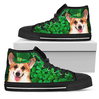 Irish Corgi Wearing Green Hat With Shamrock Pattern High Top Shoes