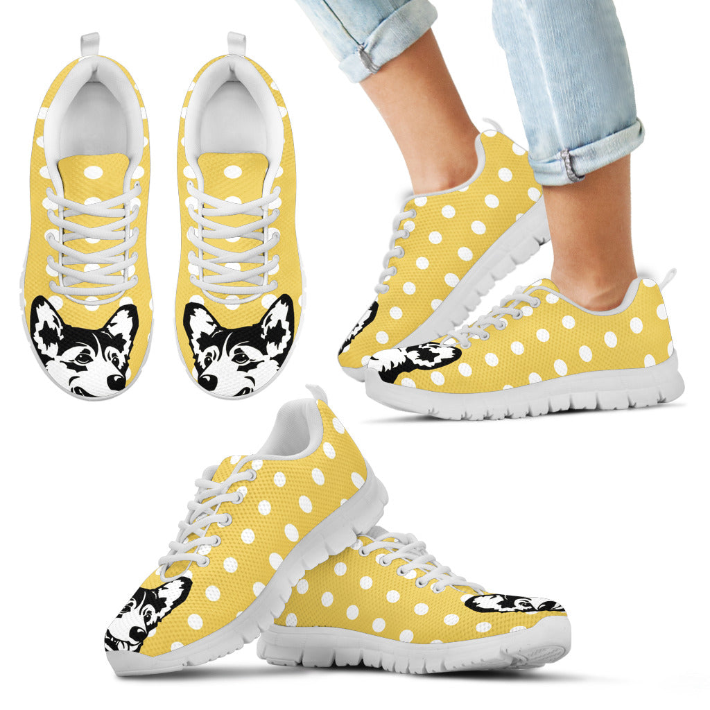 Pastel Yellow White Dot Vintage Corgi Face Sneakers