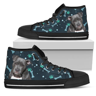 Bone Heart Pattern Pitbull Dog Navy High Top Shoes