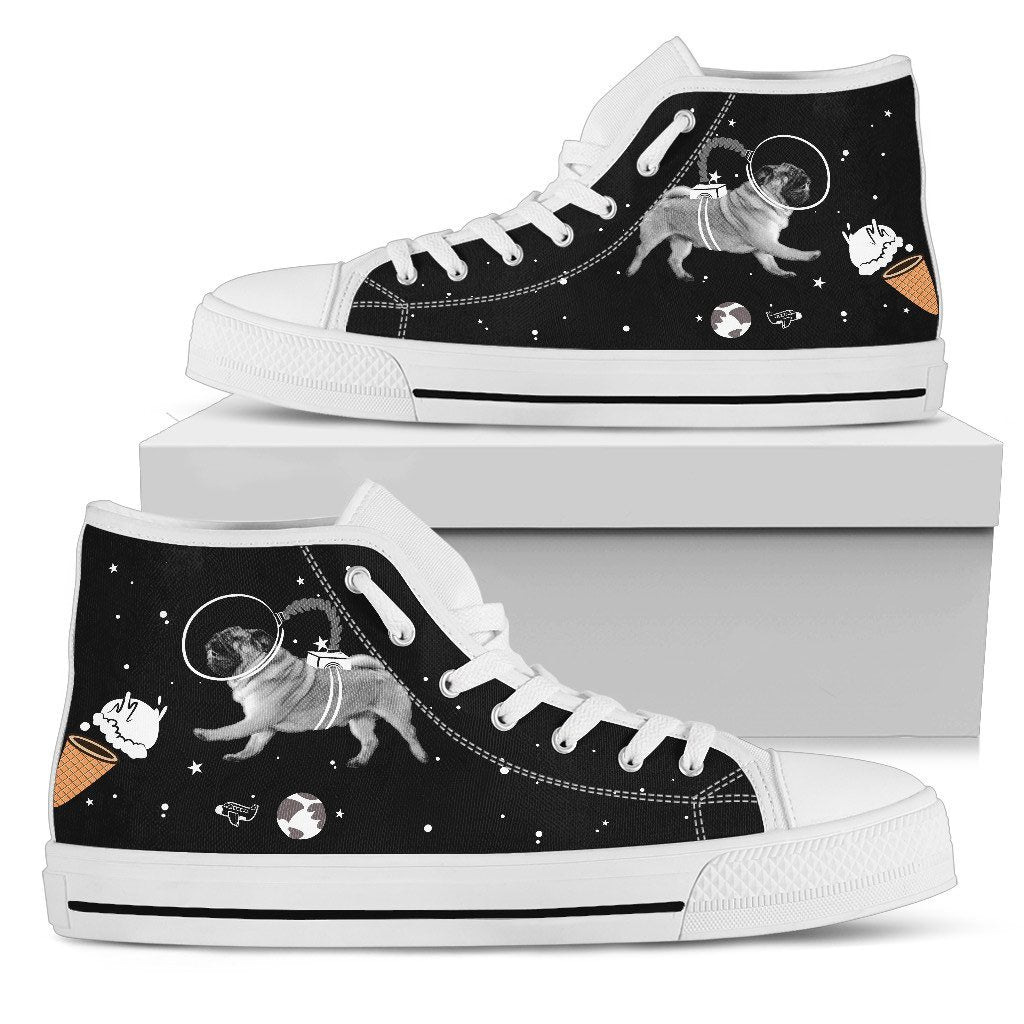 Pug Astronaut Flying In Spaceman Suit Eating Ice Cream High Top Shoes