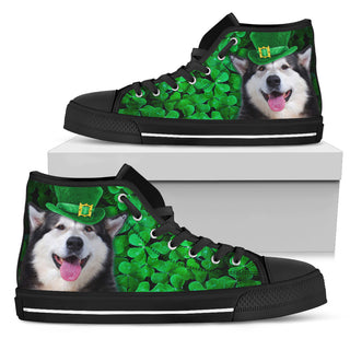 Irish Husky Wearing Green Hat With Shamrock Pattern High Top Shoes