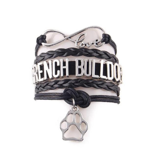 Black Infinity Love French Bulldog Dog Paw Leather Bracelets