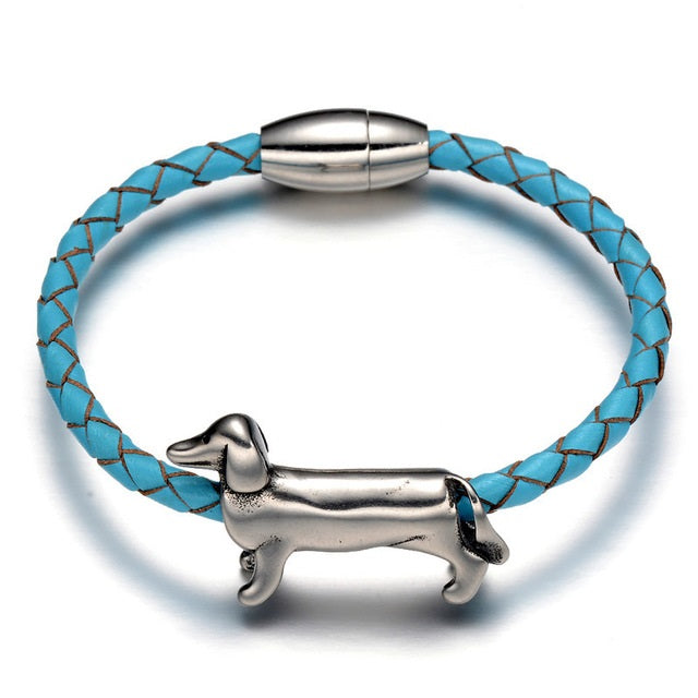 Stainless Steel Dachshund Dog Beads Braided Leather Bracelets