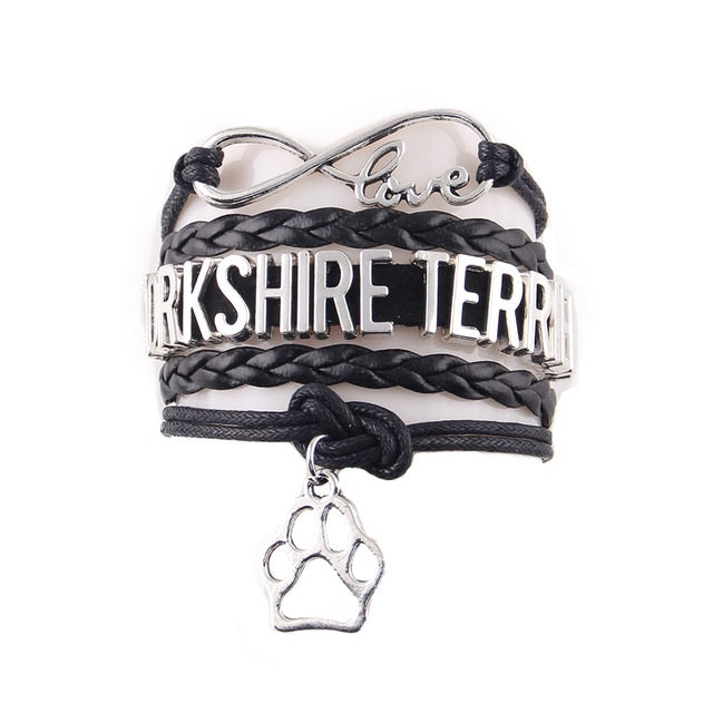 Black Infinity Love Yorkshire Terrier Dog Paw Leather Bracelets