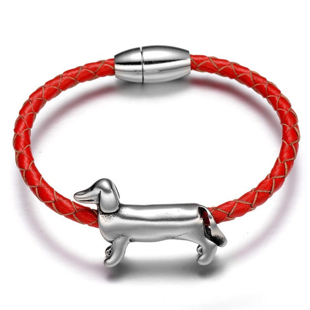 Stainless Steel Dachshund Dog Beads Braided Leather Bracelets