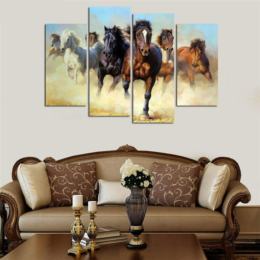 Horses Running Print Canvas Modern Wall Art Pictures 4 Panels Unframed