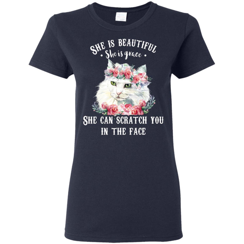 Funny Cat Tee Shirt - She can stab scratch you in the face is best kitten gift