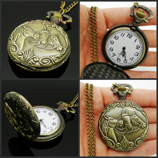 Bronze Three Horse Head Big Quartz Pocket Watch Necklaces