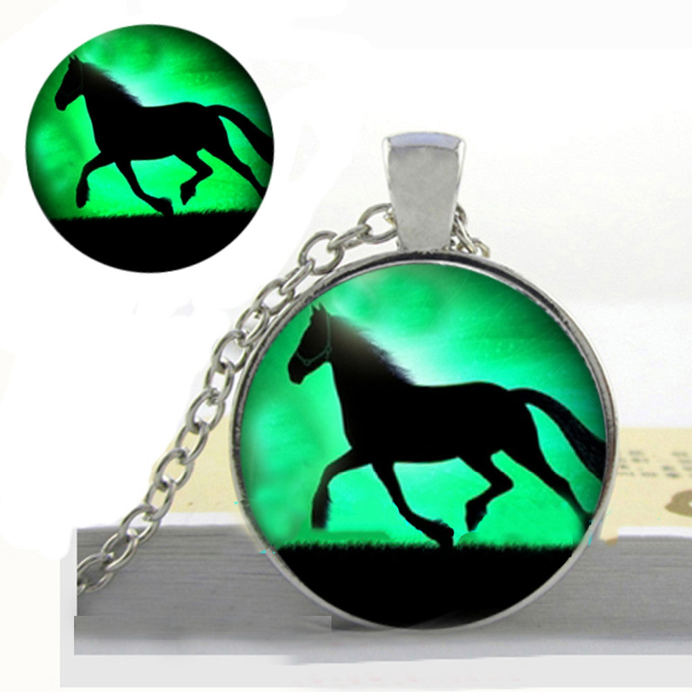Glow In The Dark Black Horse Running Horse Glass Necklaces
