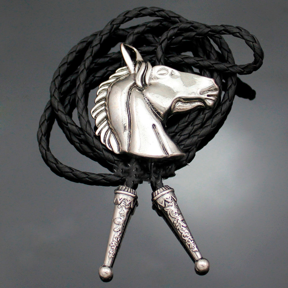 Vintage Silver Bronco Horse Head Line Dance Rodeo Southwestern Cowboy Zuni Bolo Tie Necklaces