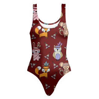 Cool Camping Animals Pattern Maroon One Piece Swimsuits