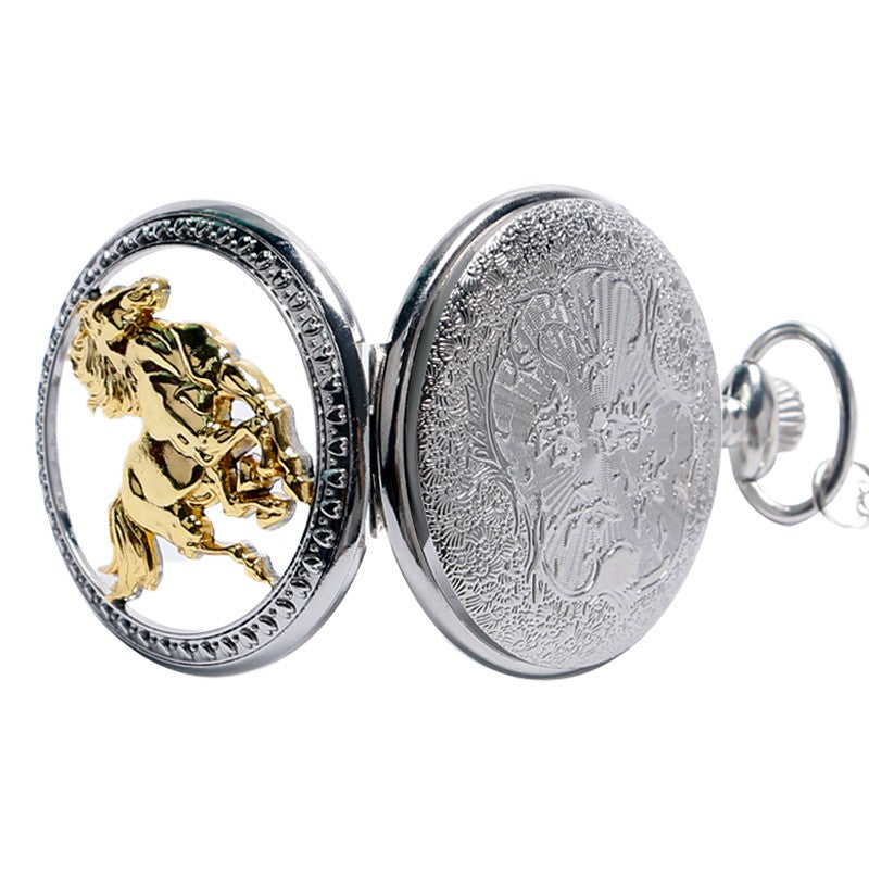 Silver Hollow Gold Horse Quartz Pocket Watch Necklaces