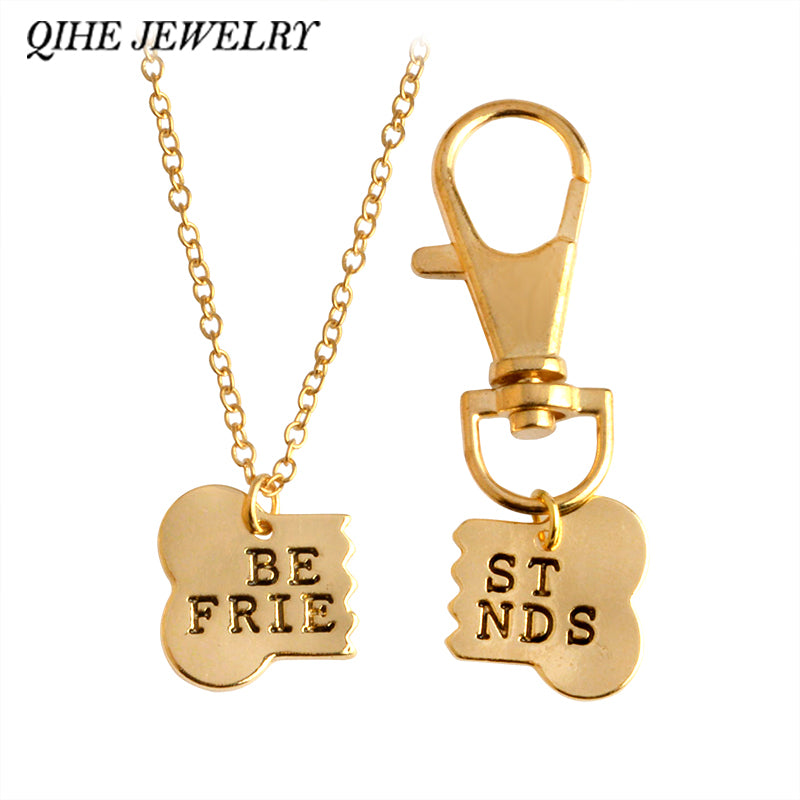 QIHE JEWELRY 2pcs/set Gold Silver Color Dog Bone Best Friends Charm Necklace & Keychain Handstamped BFF Bones Friendship Jewelry