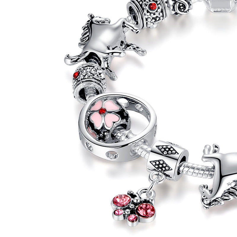 Crystal Butterfly And Pink Cherry Blossom Horse Bracelets