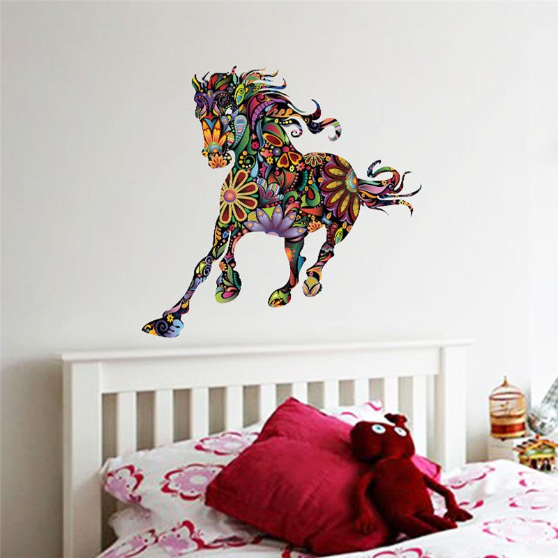 Colorful Flower Pattern Running Horse Wall Stickers