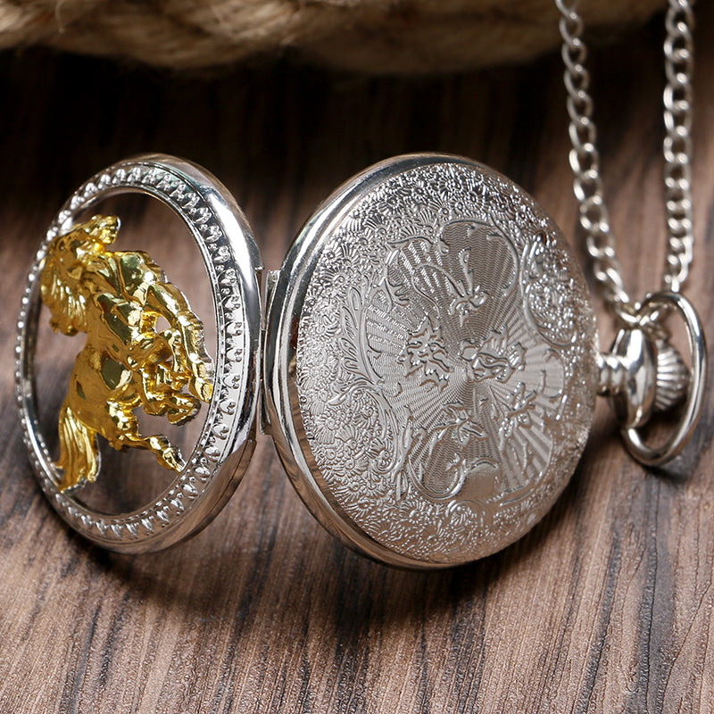 Silver Hollow Gold Horse Quartz Pocket Watch Necklaces