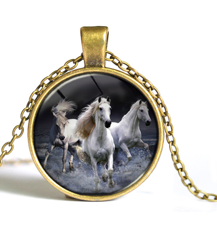 Three White Horse Running Glass Necklaces