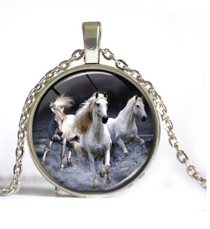 Three White Horse Running Glass Necklaces