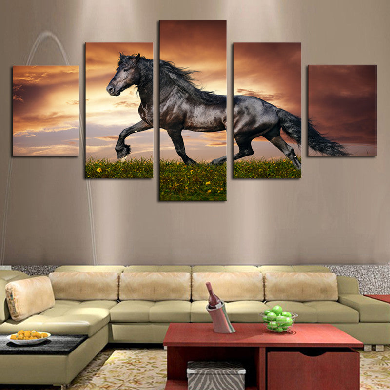 5 Pcs Large HD Black Horse On The Grass Canvas Print Unframed