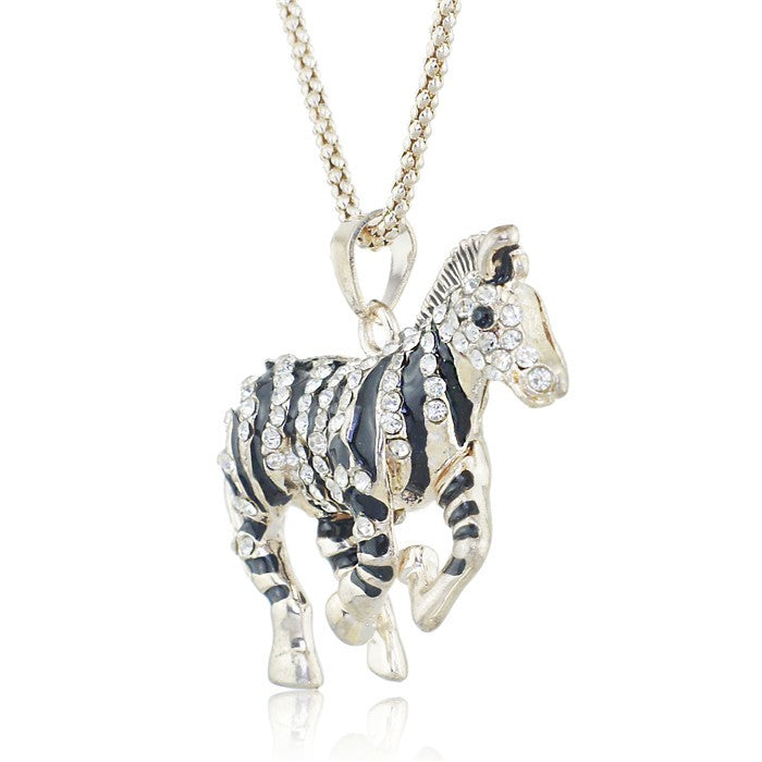 Crystal Gold Pretty Black Zebra Horse Running Necklaces