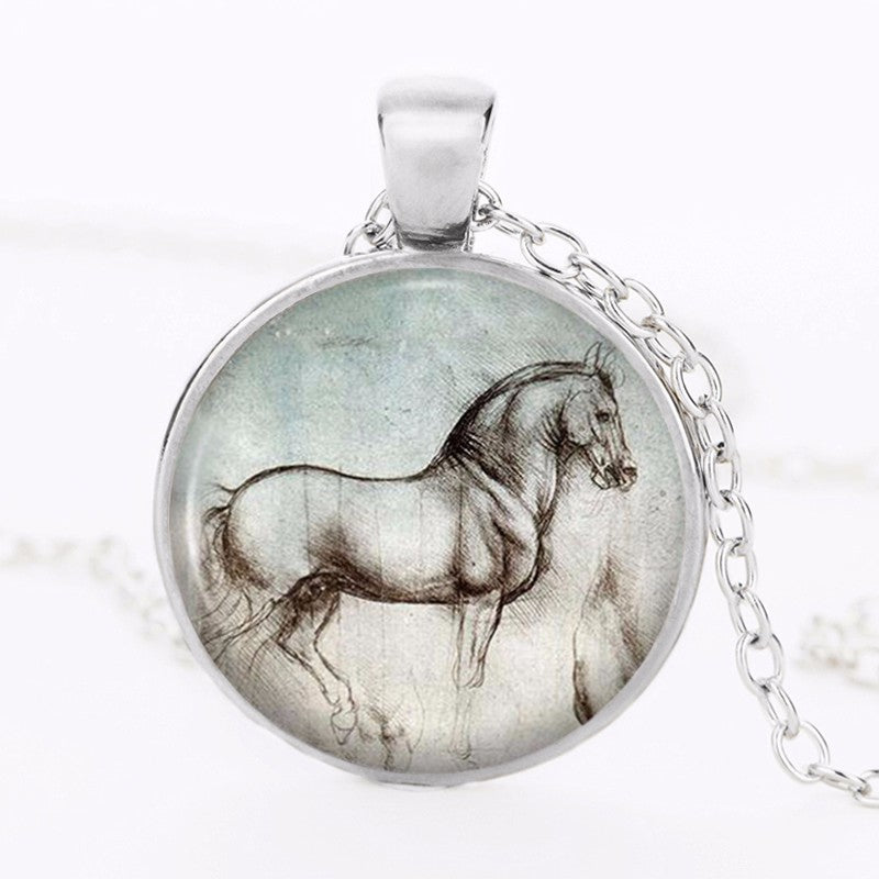 Vintage Horse Statement Gothic Glass Cabochon Tibetan Silver Chain Necklaces