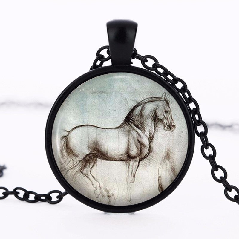Vintage Horse Statement Gothic Glass Cabochon Tibetan Silver Chain Necklaces