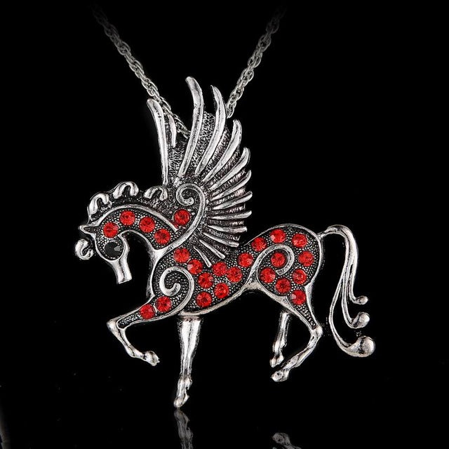 Clear Crystal Antique Silver Horse With Wings Necklaces