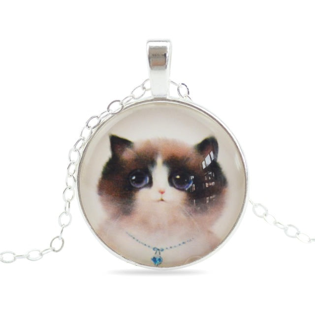 Cute Cat Silver Color Glass Cabochon Necklaces