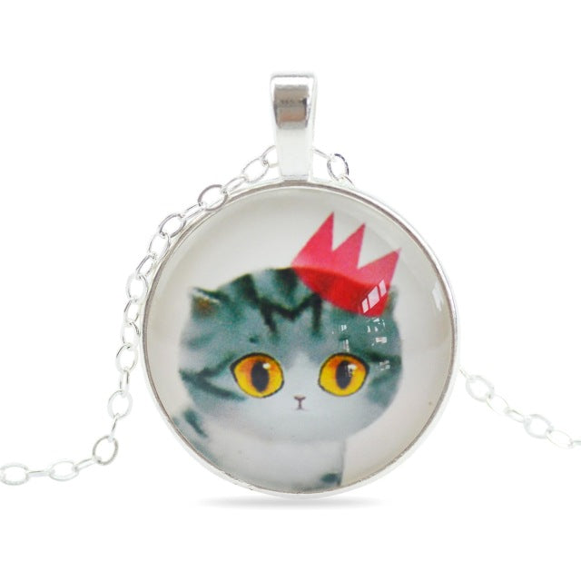 Cute Cat Silver Color Glass Cabochon Necklaces
