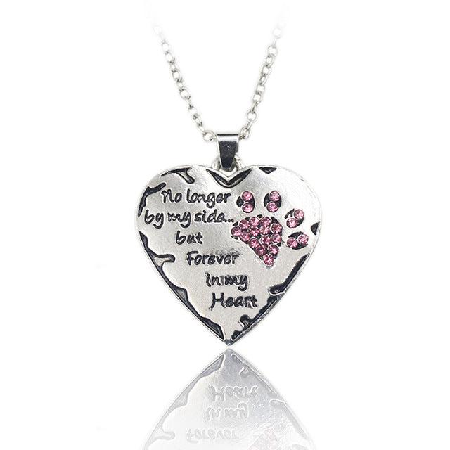 "No longer be my side but forever in my heart" Pink White Silver Crystal Dog Paw Claw Print & Heart Necklaces