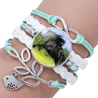 Heart Infinity Love Trendy Black Rope White Horse Photo Glass Cabochon Leather Charm Bracelets