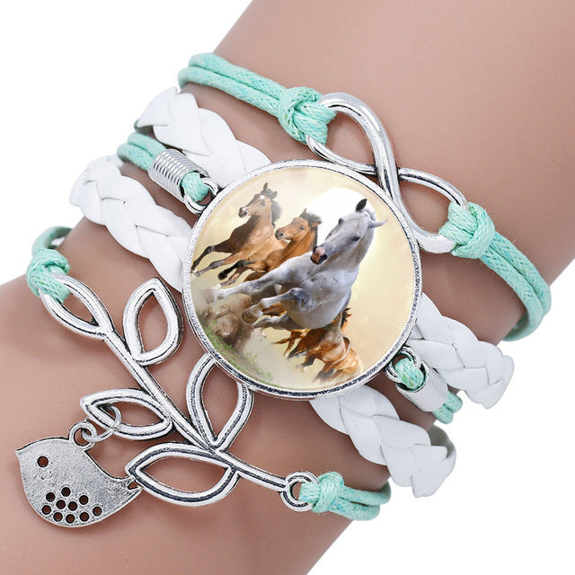 Heart Infinity Love Trendy Black Rope White Horse Photo Glass Cabochon Leather Charm Bracelets